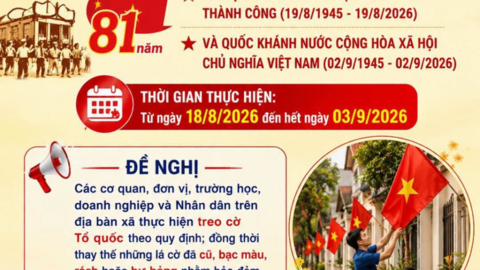 THÔNG BÁO VỀ VIỆC TREO CỜ TỔ QUỐC NHÂN KỶ NIỆM 81 NĂM CÁCH MẠNG THÁNG TÁM THÀNH CÔNG (19/8/1945 - 19/8/2026) VÀ QUỐC KHÁNH NƯỚC CỘNG HÒA XÃ HỘI CHỦ NGHĨA VIỆT NAM (02/9/1945 - 02/9/2026)
