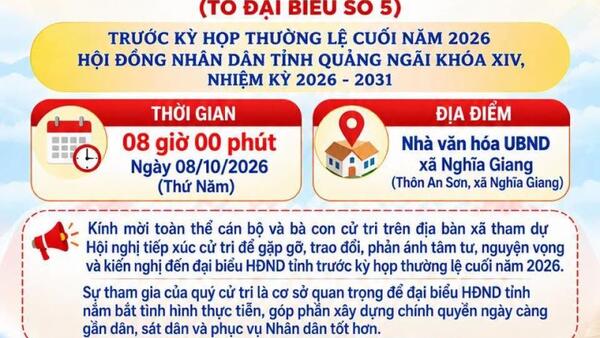 THÔNG BÁO HỘI NGHỊ TIẾP XÚC CỬ TRI CỦA ĐẠI BIỂU HĐND TỈNH QUẢNG NGÃI (TỔ ĐẠI BIỂU SỐ 5) TẠI XÃ NGHĨA GIANG