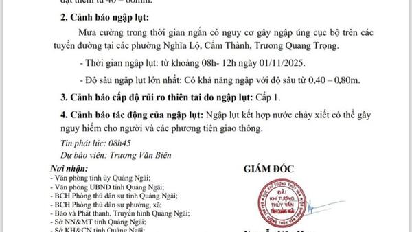 TIN CẢNH BÁO NGẬP LỤT TRÊN ĐỊA BÀN TỈNH QUẢNG NGÃI