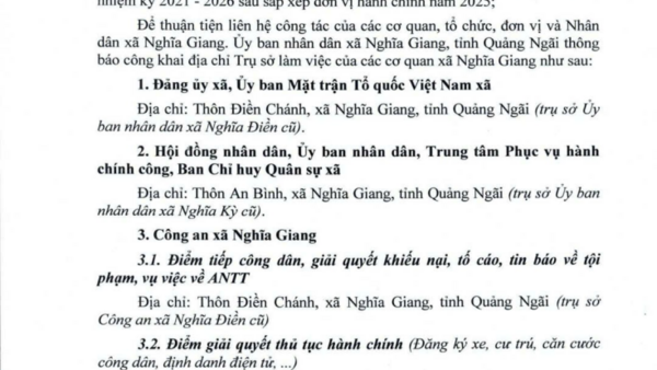 Thông báo công khai địa chỉ Trụ sở làm việc của các cơ quan xã Nghĩa Giang, tỉnh Quảng Ngãi